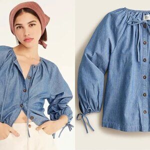 J. Crew Button Down Tie Sleeve Chambray Blouse Top Peasant Boho Chic Shirt XS